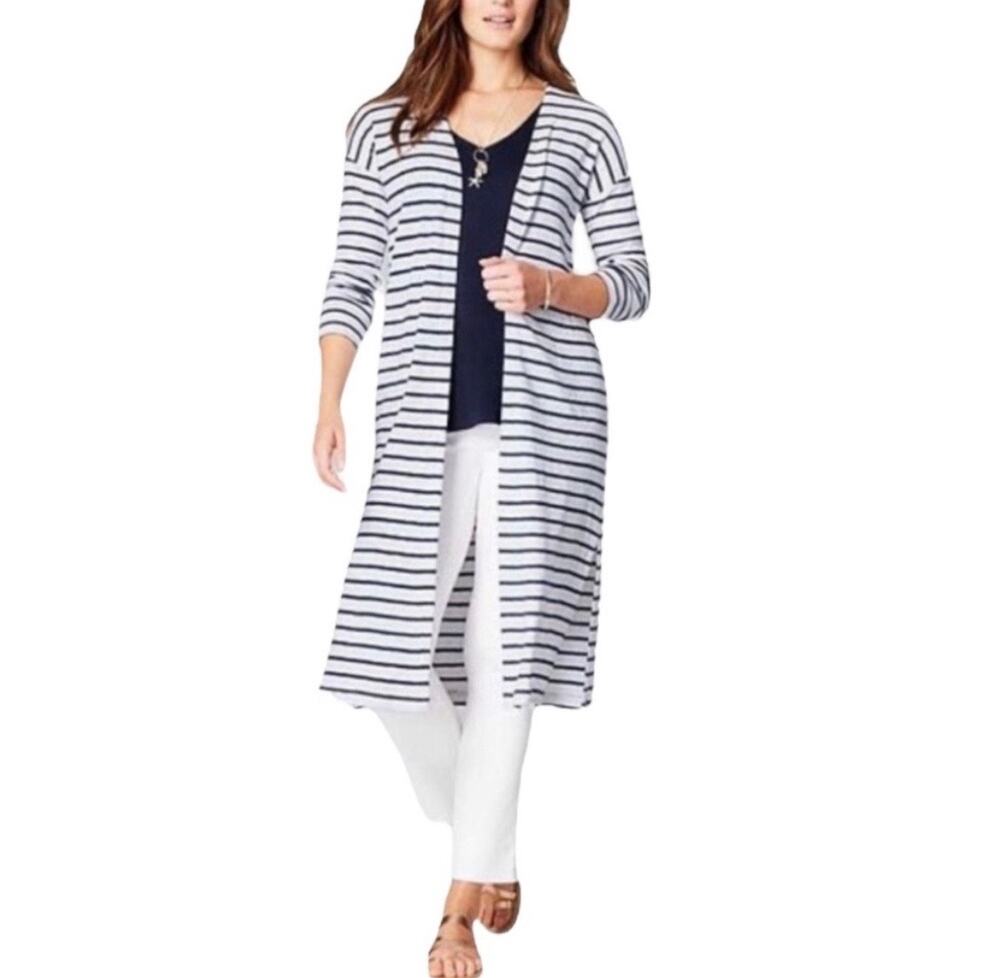 J. Jill Size XL White & Blue Striped Open Front Long Duster Cardigan Sweater